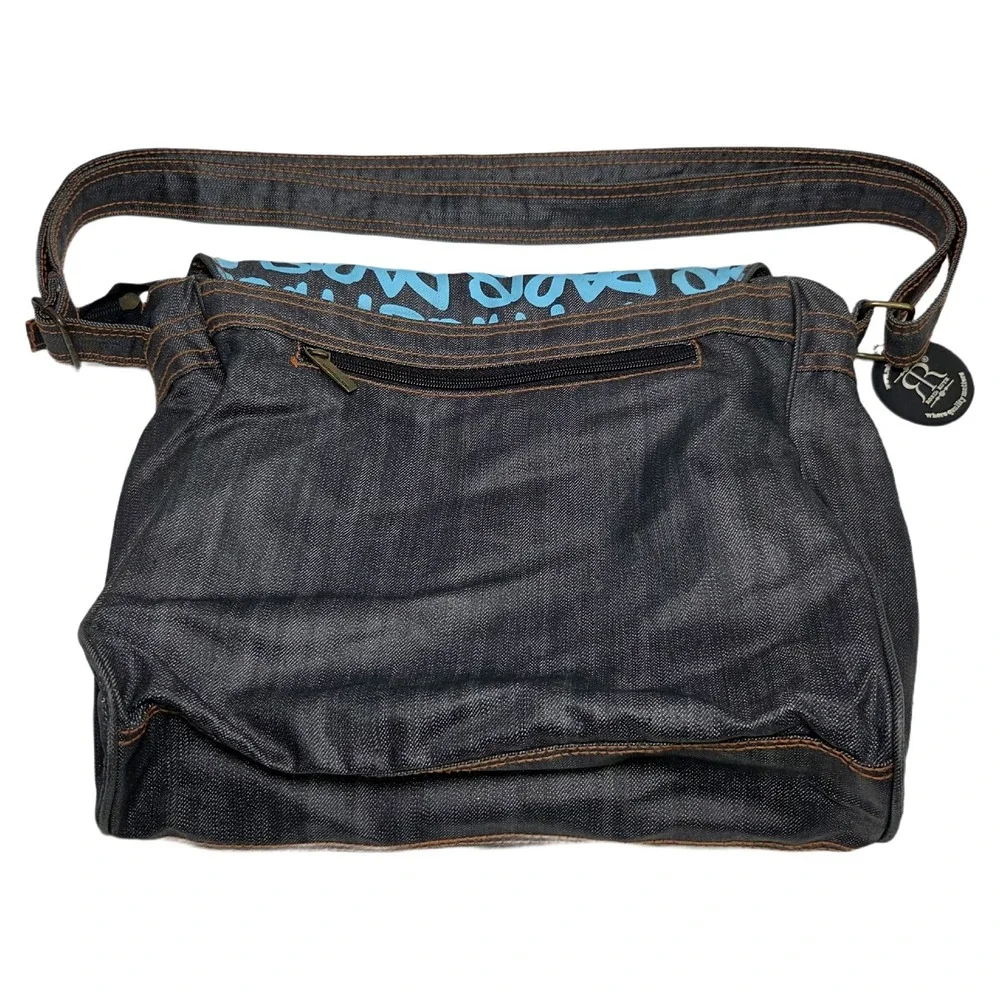 Robin Ruth Paris Denim Messenger Bag Graffiti Print Adjustable Strap Excellent